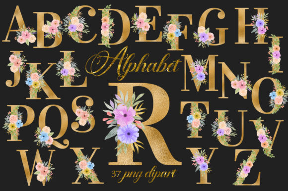 Gold Romantic Floral Alphabet Numbers for Creative Projects